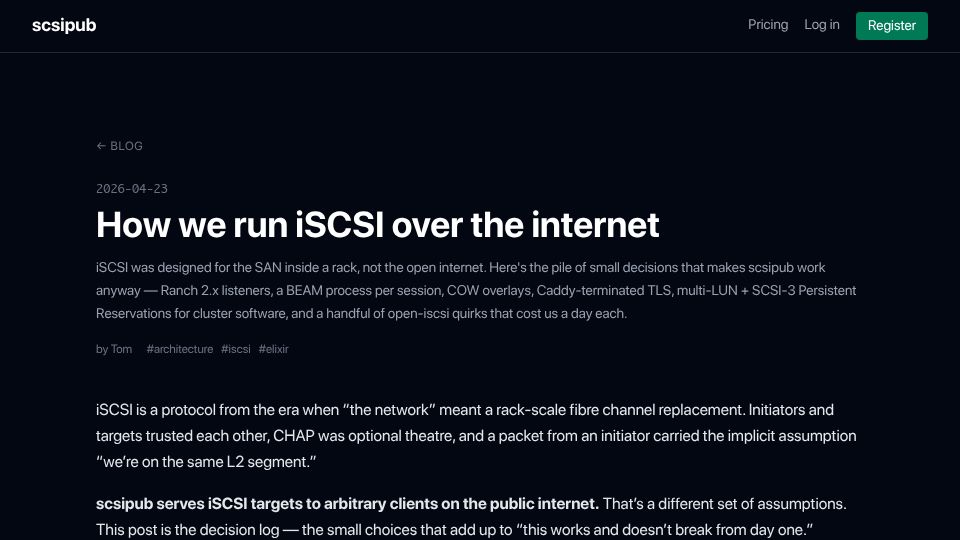 Screenshot of scsipub.com: How we run iSCSI over the internet