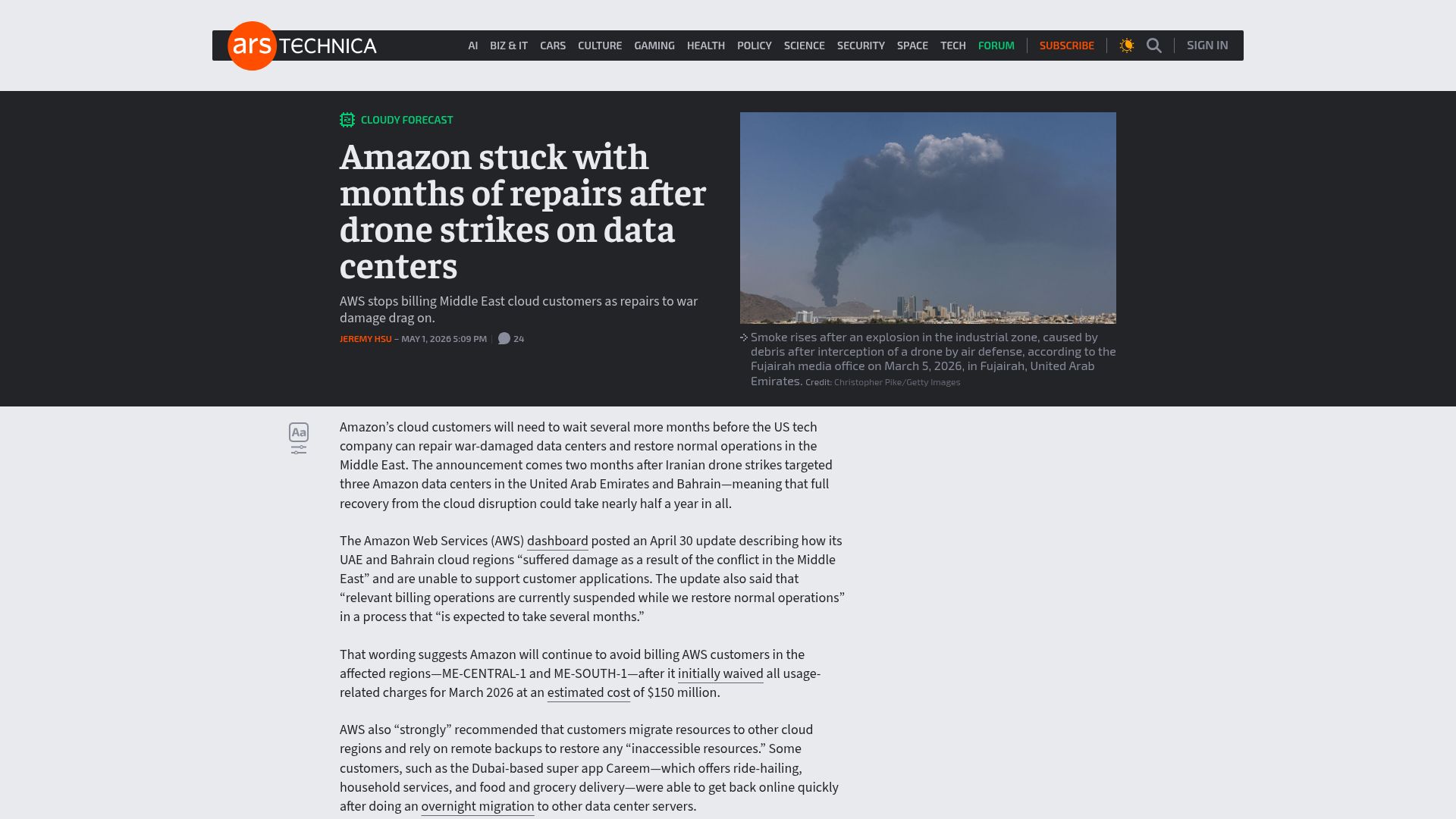 Screenshot of arstechnica.com: AWS stops billing Middle East cloud customers as repairs to war damage drag on