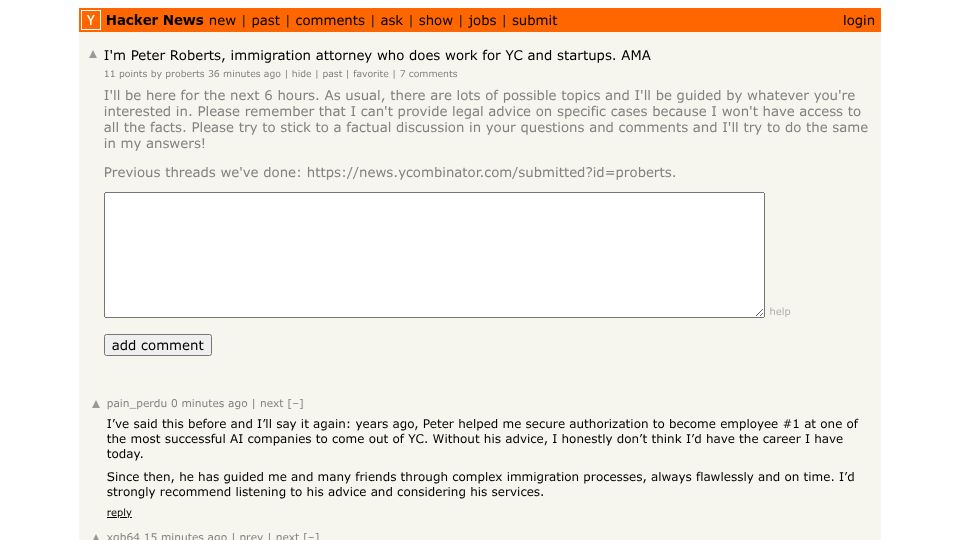 Screenshot of Hacker News post: I'm Peter Roberts, immigration attorney who does work for YC and startups. AMA
