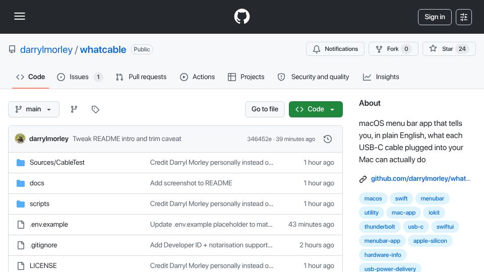 Screenshot of github.com: Show HN: WhatCable, a tiny menu bar app for inspecting USB-C cables