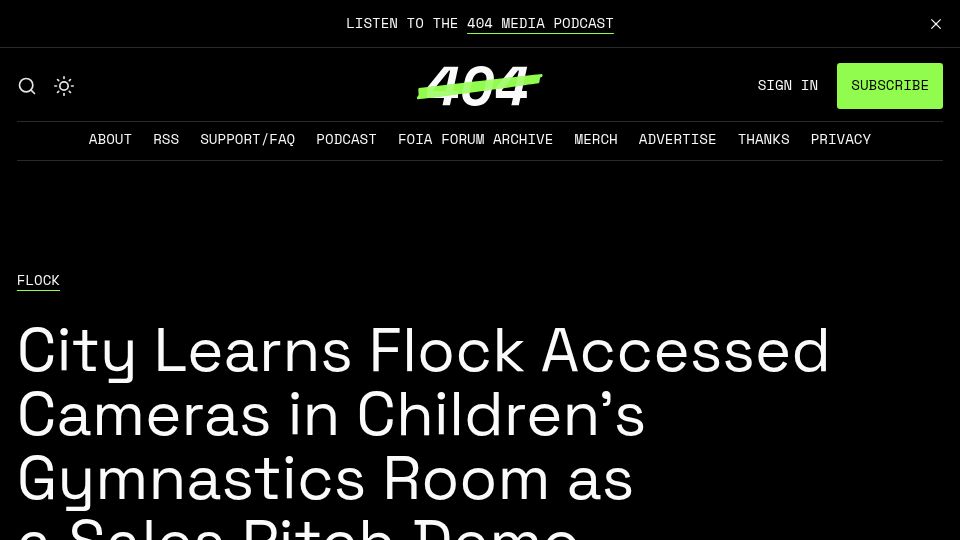 Screenshot of 404media.co: City Learns Flock Accessed Cameras in Children's Gymnastics Room as a Sales Demo