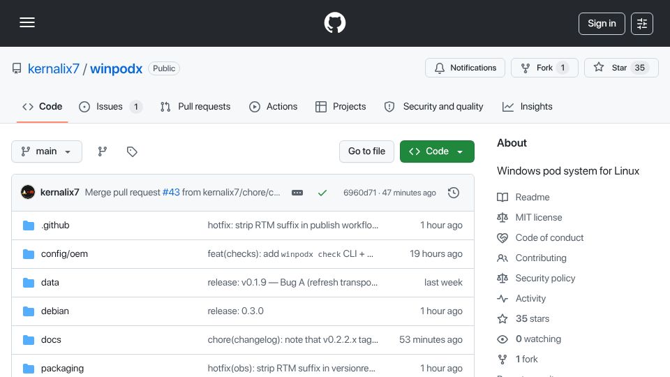 Screenshot of github.com: Show HN: Winpodx – run Windows apps on Linux as native windows