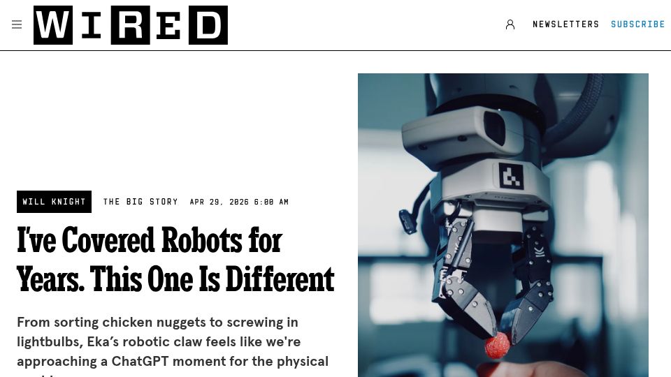 Screenshot of wired.com: Eka’s robotic claw feels like we're approaching a ChatGPT moment