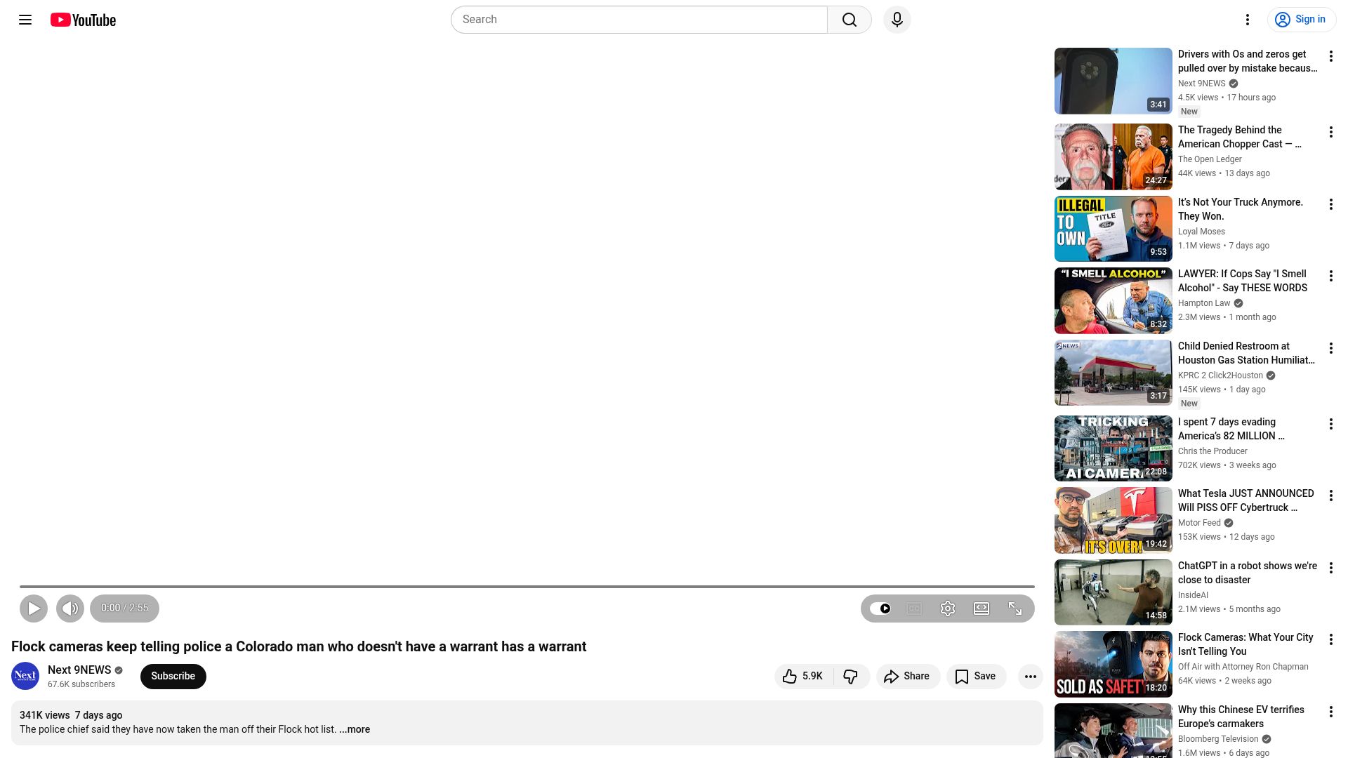 Screenshot of youtube.com: Flock cameras keep telling police a man who doesn't have a warrant has a warrant