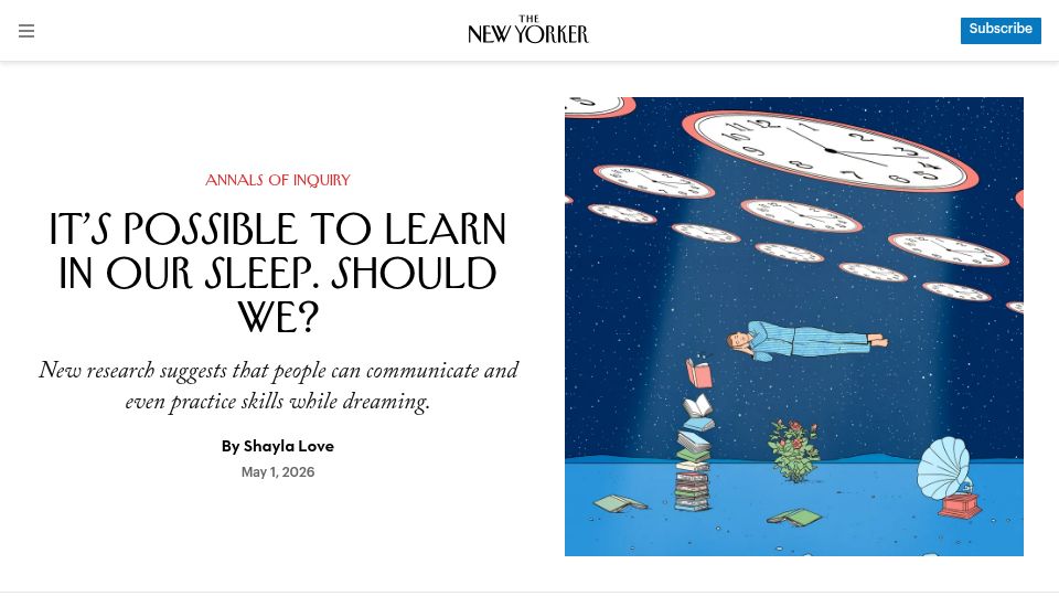 Screenshot of newyorker.com: New research suggests people can communicate and practice skills while dreaming