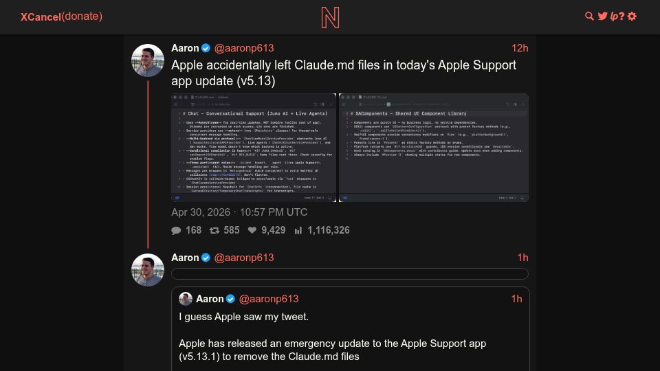 Screenshot of x.com: Apple accidentally left Claude.md files Apple Support app