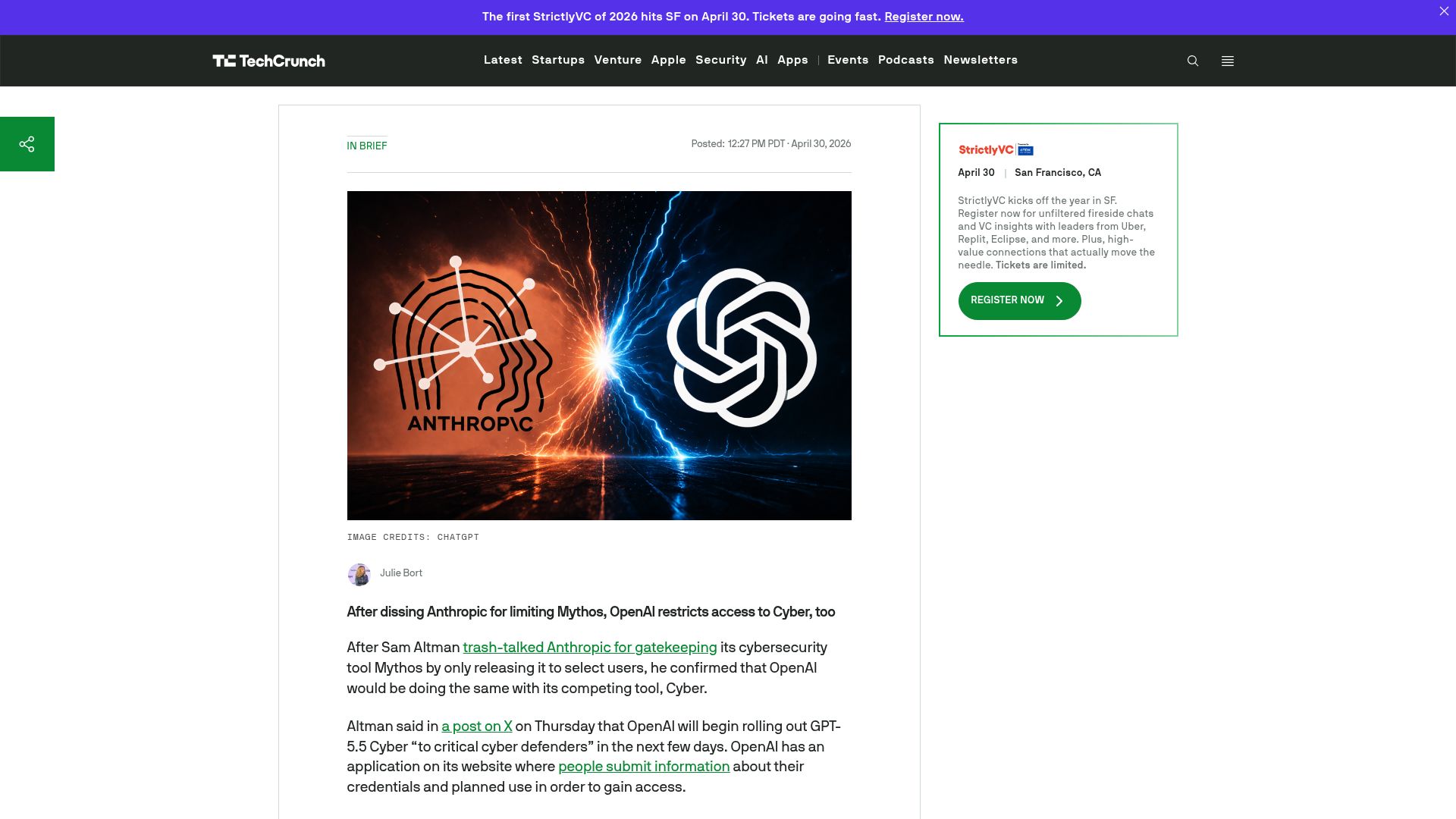Screenshot of techcrunch.com: After dissing Anthropic for limiting Mythos, OpenAI restricts access to Cyber