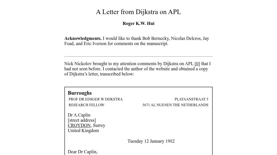 Screenshot of jsoftware.com: A Letter from Dijkstra on APL (1982)