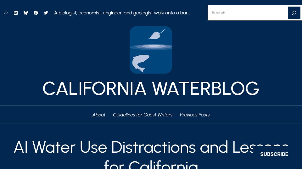 Screenshot of californiawaterblog.com: AI uses less water than the public thinks