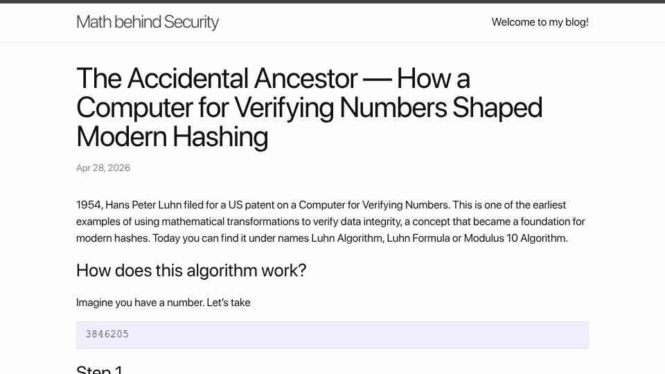 Screenshot of 0xkrt26.github.io: The Accidental Ancestor – How Verifying Numbers Shaped Modern Hashing