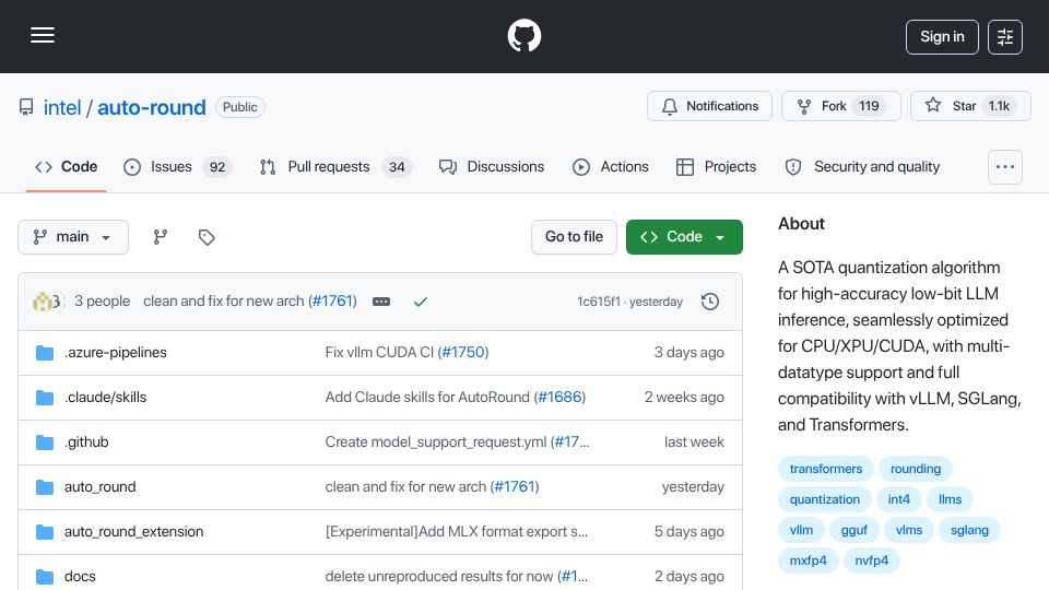 Screenshot of github.com: Advanced Quantization Algorithm for LLMs