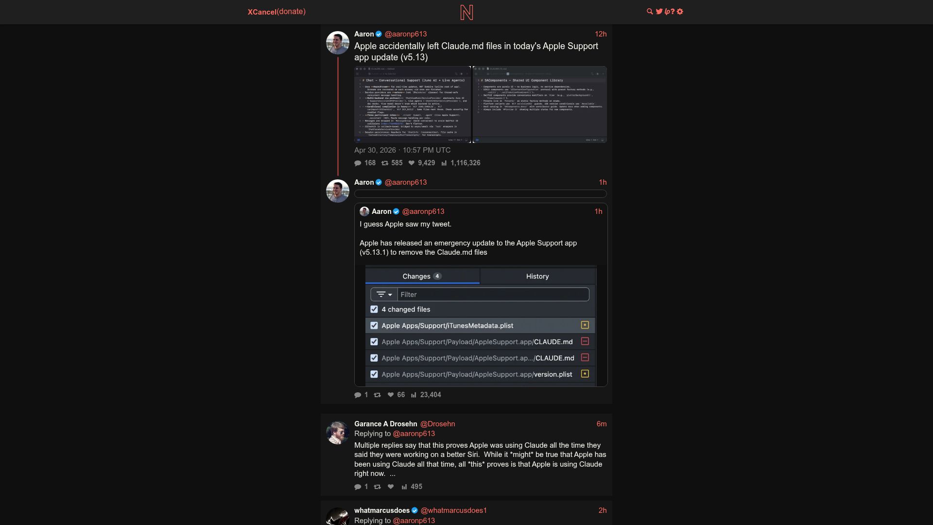 Screenshot of x.com: Apple accidentally left Claude.md files Apple Support app