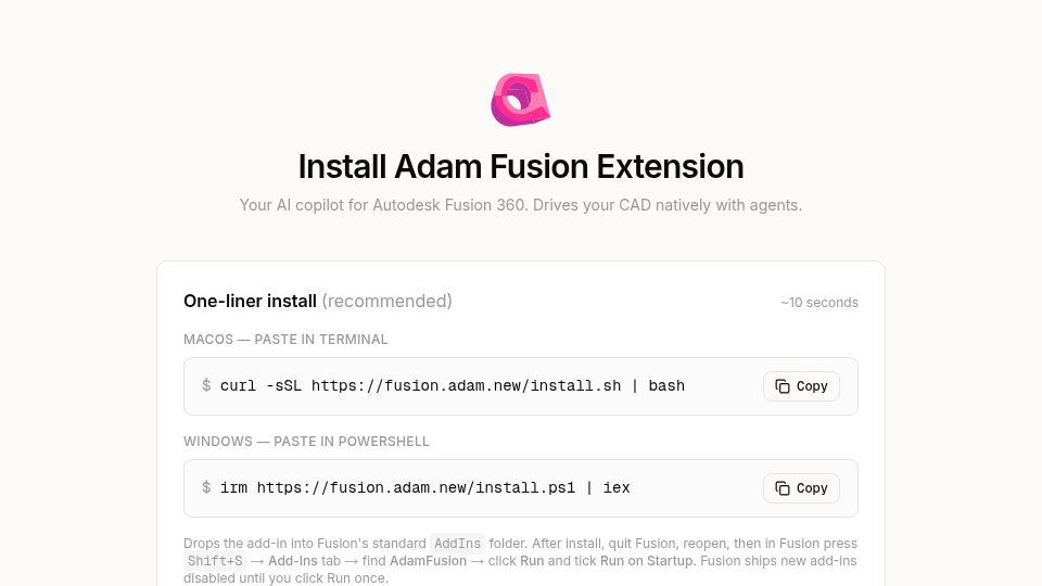 Screenshot of fusion.adam.new: Show HN: AI CAD Harness