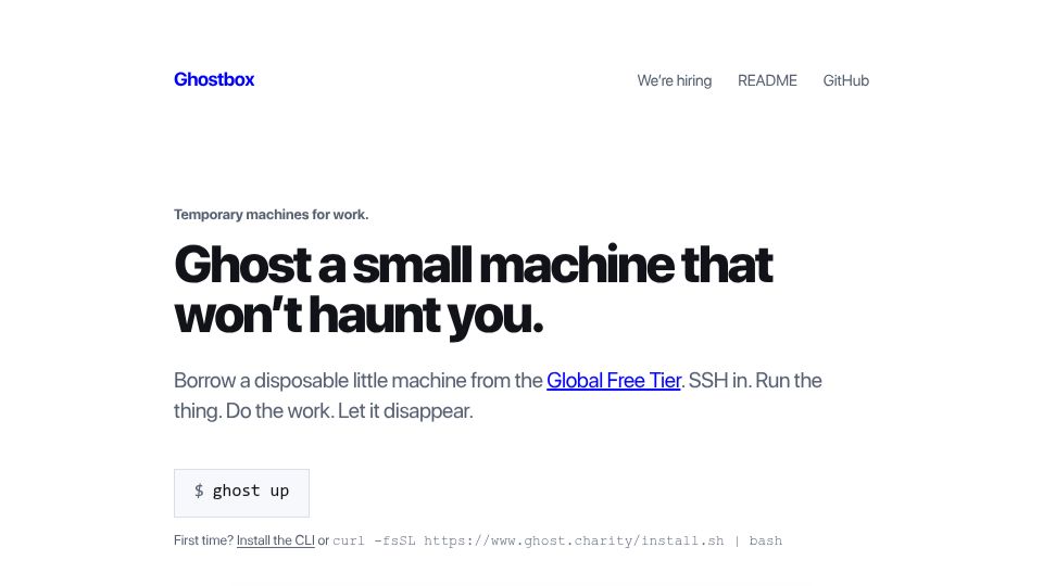 Screenshot of ghost.charity: Show HN: GhostBox – Borrow a disposable little machine from the Global Free Tier