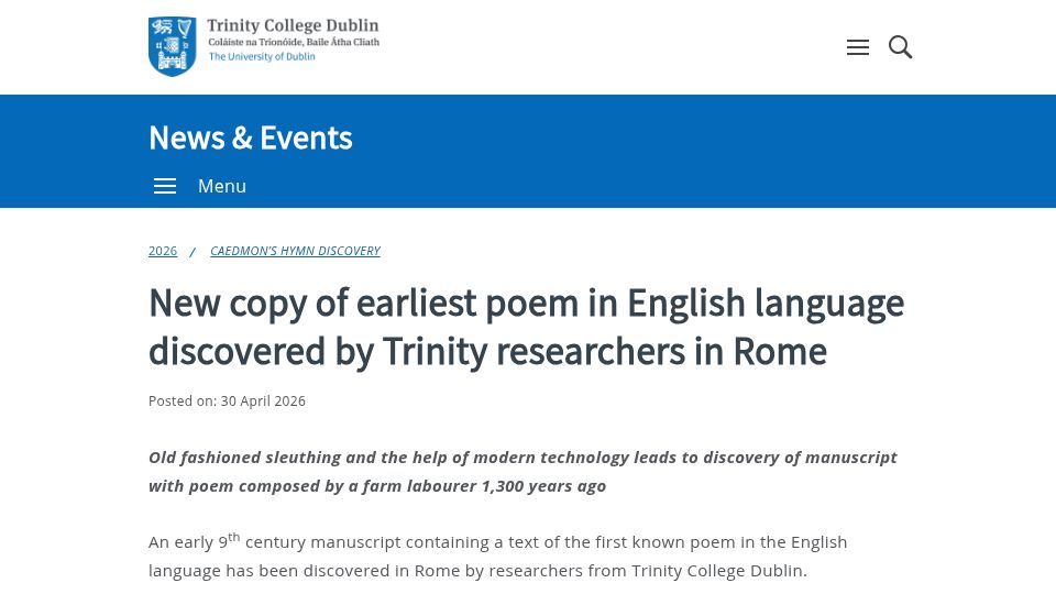 Screenshot of tcd.ie: New copy of earliest poem in English, written 1,3k years ago, discovered in Rome