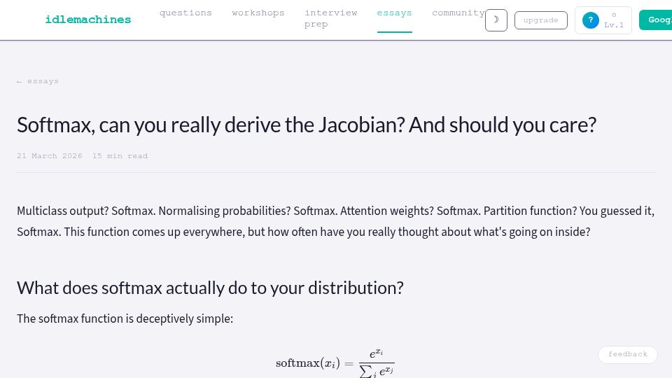Screenshot of idlemachines.co.uk: Softmax, can you derive the Jacobian? And should you care?