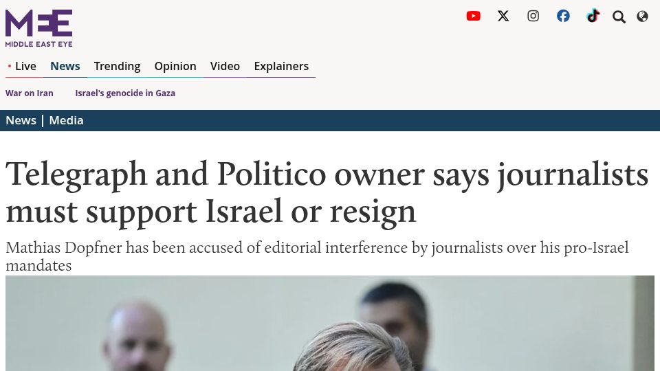Screenshot of middleeasteye.net: Telegraph and Politico owner says journalists must support Israel or resign