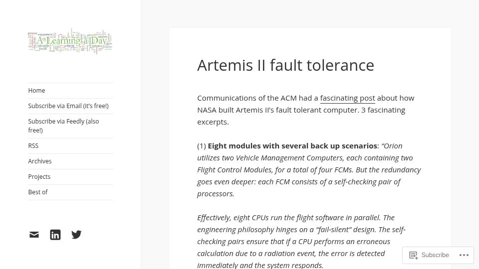 Screenshot of alearningaday.blog: Artemis II fault tolerance
