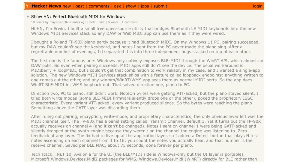Screenshot of Hacker News post: Show HN: Perfect Bluetooth MIDI for Windows