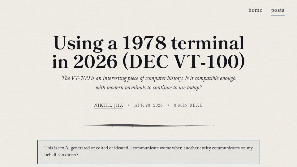 Screenshot of nikhiljha.com: Using a 1978 terminal in 2026 (DEC VT-100)