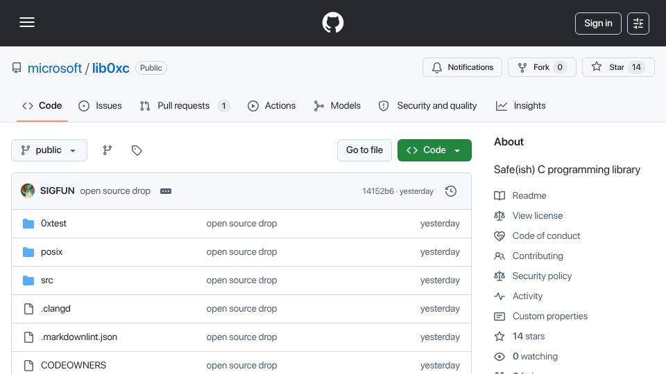Screenshot of github.com: Lib0xc: A set of C standard library-adjacent APIs for safer systems programming