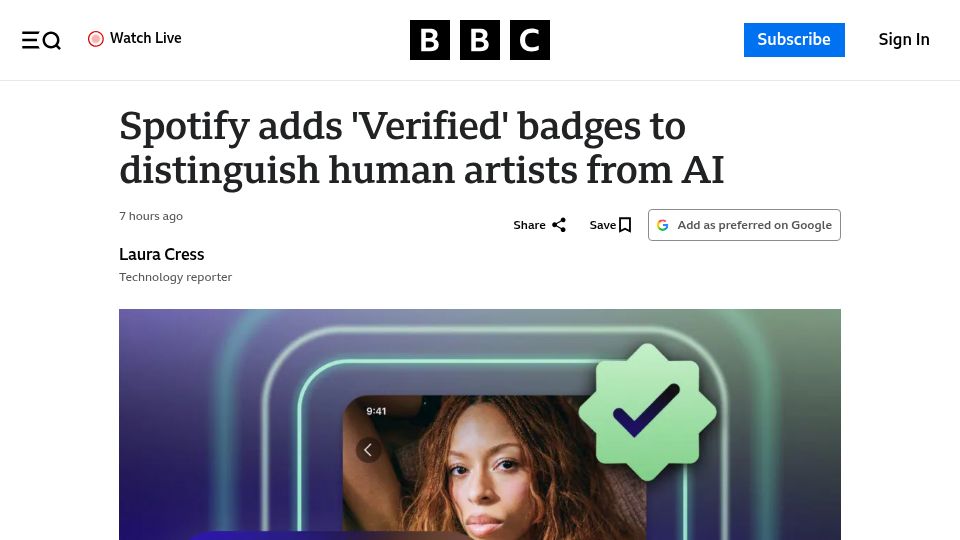Screenshot of bbc.com: Spotify adds 'Verified' badges to distinguish human artists from AI