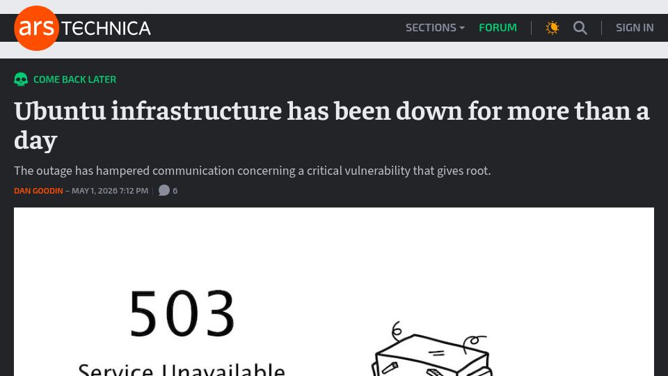 Screenshot of arstechnica.com: Ubuntu servers taken offline by "sustained, cross-border attack"