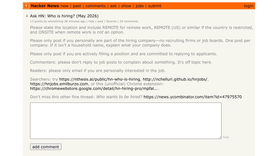 Screenshot of Hacker News post: Ask HN: Who is hiring? (May 2026)