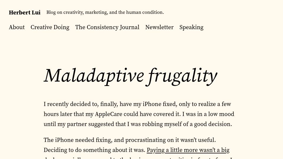 Screenshot of herbertlui.net: Maladaptive Frugality