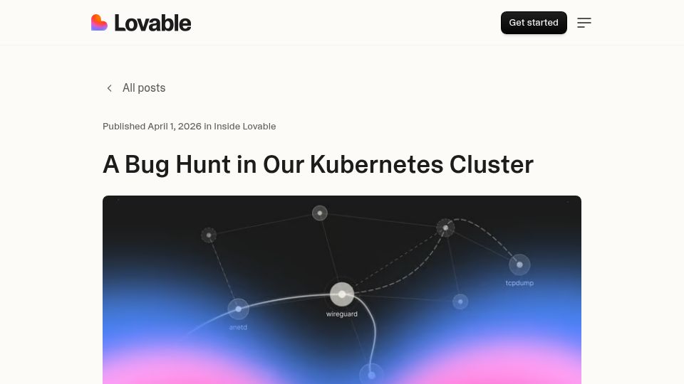 Screenshot of lovable.dev: Our agent found a bug with WireGuard in Google Kubernetes Engine