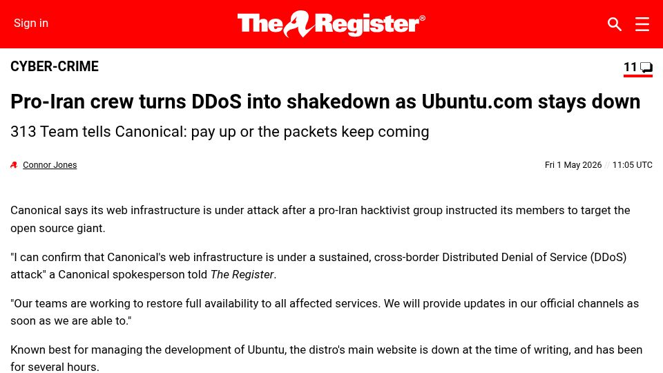 Screenshot of theregister.com: Pro-Iran crew turns DDoS into shakedown as Ubuntu.com stays down