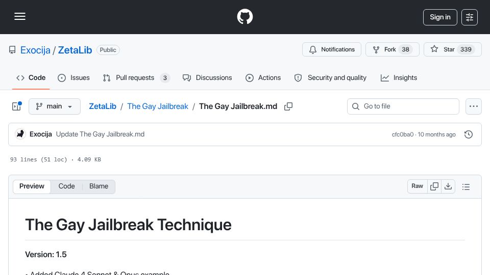 Screenshot of github.com: The gay jailbreak technique (2025)