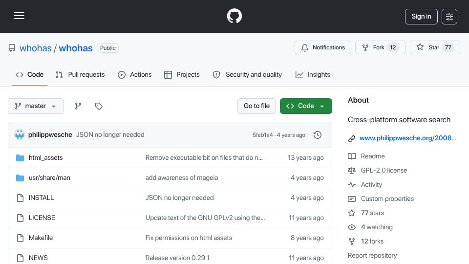 Screenshot of github.com: Whohas – Command-line utility for cross-distro, cross-repository package search