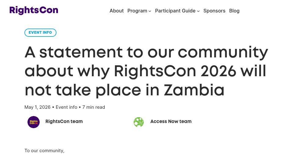 Screenshot of rightscon.org: A statement about why RightsCon 2026 will not take place in Zambia