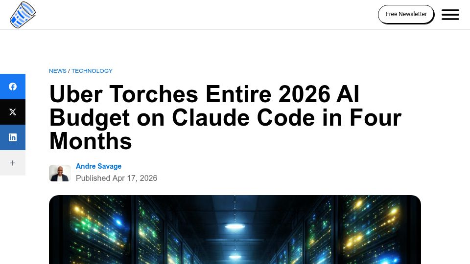Screenshot of briefs.co: Uber torches 2026 AI budget on Claude Code in four months