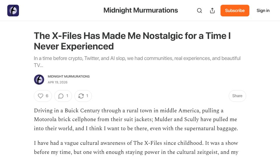 Screenshot of midnightmurmurations.substack.com: The X-Files has made me nostalgic for a time I never experienced