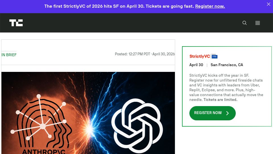 Screenshot of techcrunch.com: After dissing Anthropic for limiting Mythos, OpenAI restricts access to Cyber