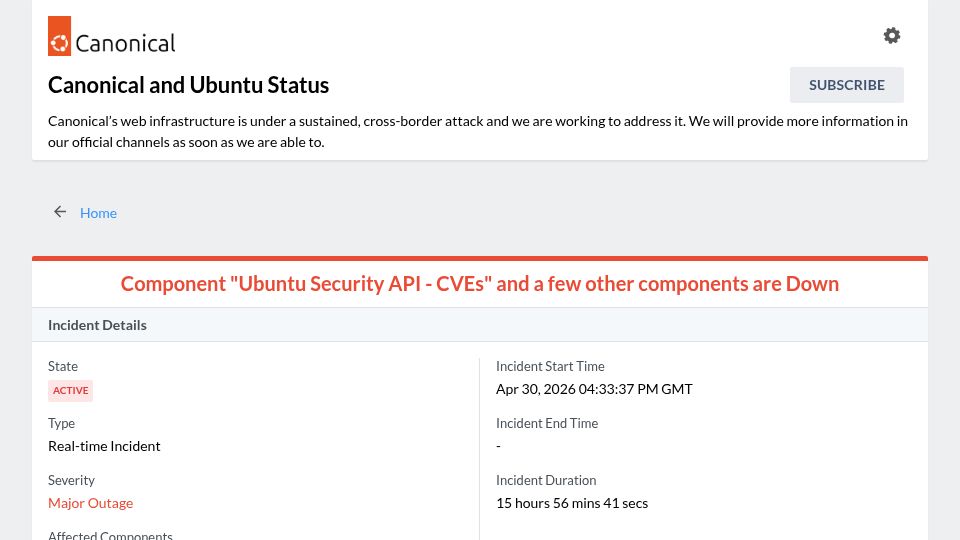 Screenshot of status.canonical.com: Canonical/Ubuntu have been under DDoS