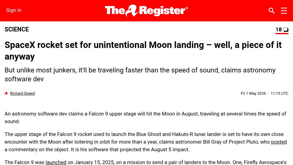 Screenshot of theregister.com: SpaceX rocket set for unintentional moon landing – well, a piece of it anyway