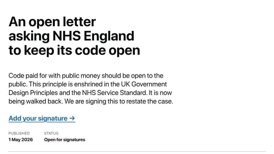 Screenshot of keepthingsopen.com: An open letter asking NHS England to keep its code open