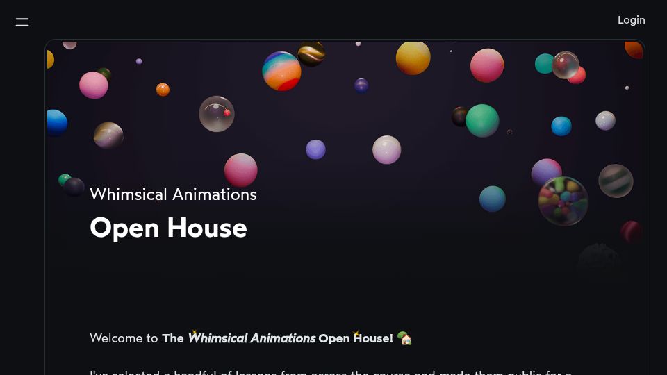 Screenshot of courses.joshwcomeau.com: Whimsical Animations Course Open House