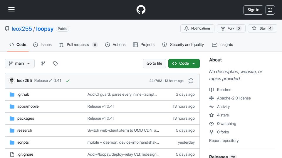 Screenshot of github.com: Show HN: Loopsy, a way for terminals and AI agents on different machines to talk