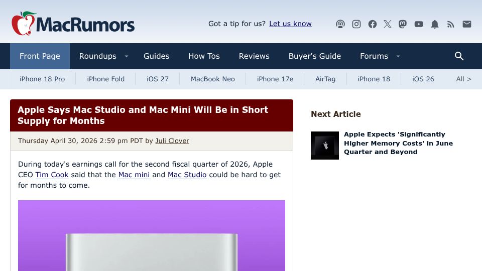 Screenshot of macrumors.com: Apple Says Mac Studio and Mac Mini Will Be in Short Supply for Months