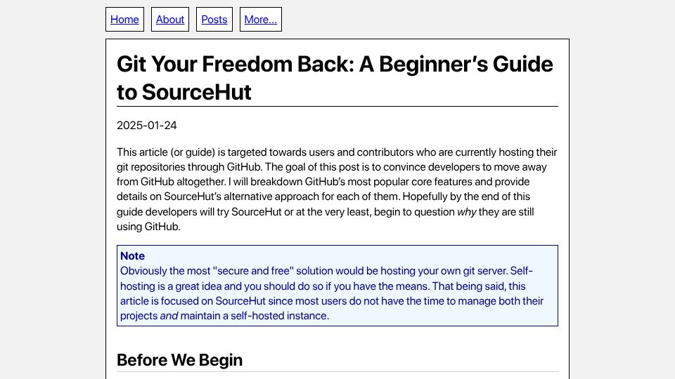 Screenshot of btxx.org: A beginner's guide to Sourcehut (2025)