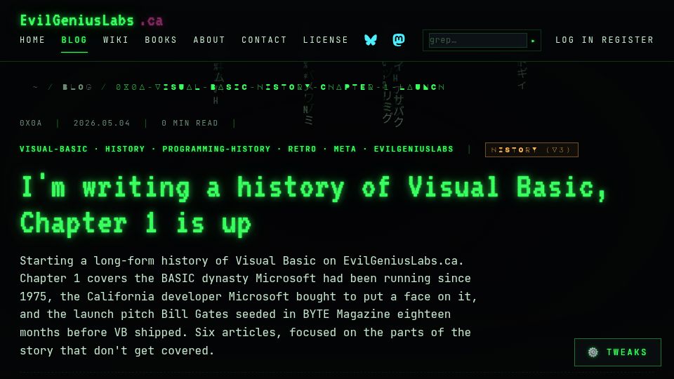Screenshot of evilgeniuslabs.ca: I'm writing a history of Visual Basic, Chapter 1 is up