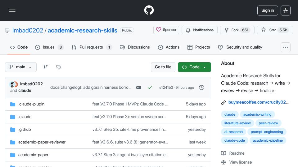 Screenshot of github.com: Academic Research Skills for Claude Code