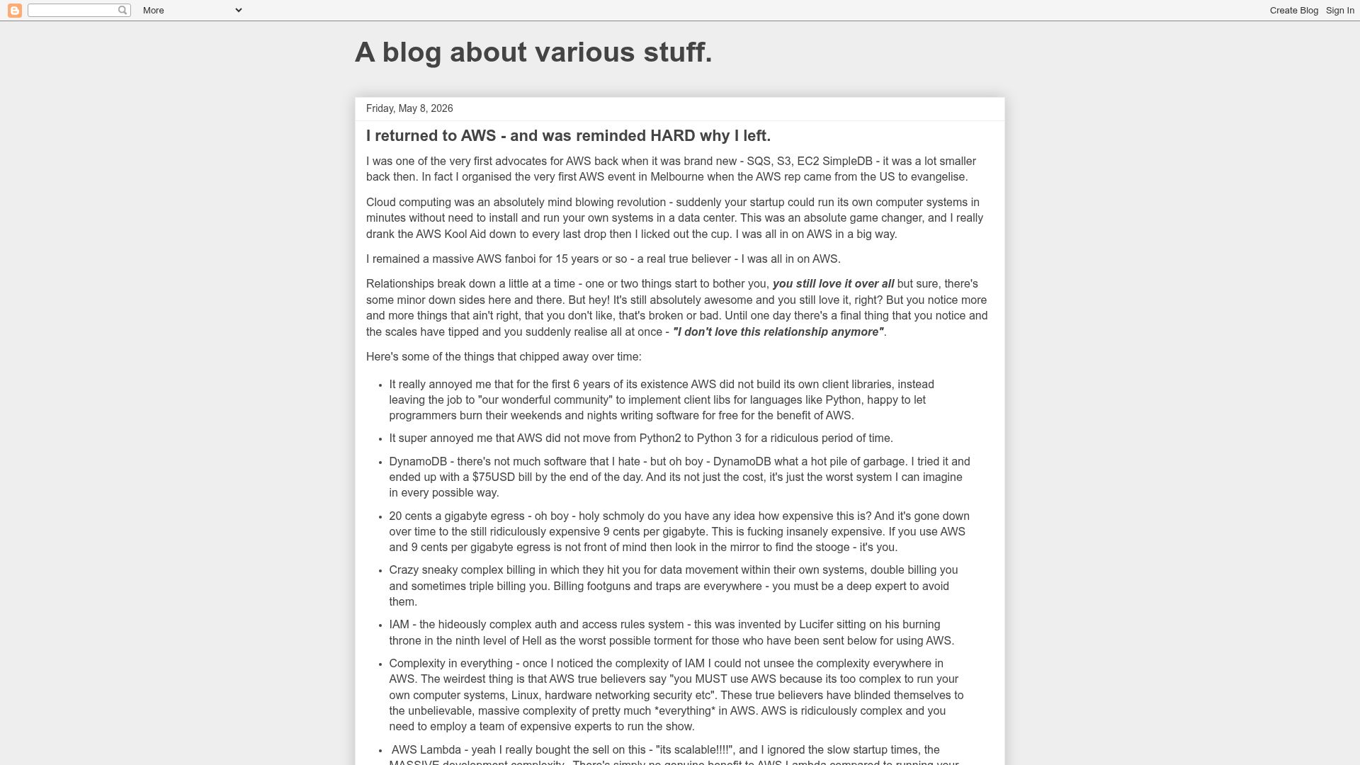 Screenshot of fourlightyears.blogspot.com: I returned to AWS and was reminded why I left