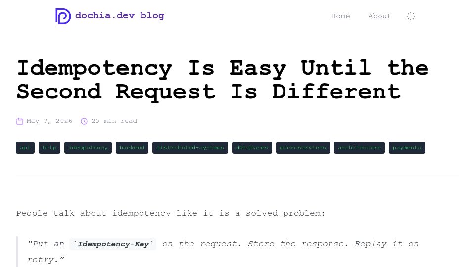 Screenshot of blog.dochia.dev: Idempotency is easy until the second request is different
