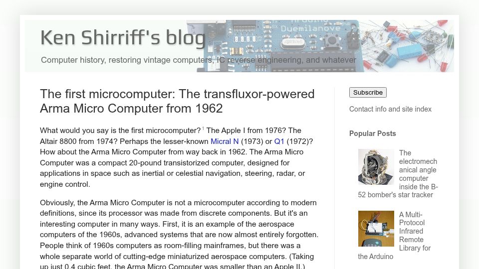 Screenshot of righto.com: The first microcomputer: The transfluxor-powered Arma Micro Computer from 1962