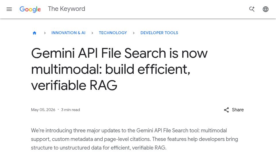 Screenshot of blog.google: Gemini API File Search is now multimodal
